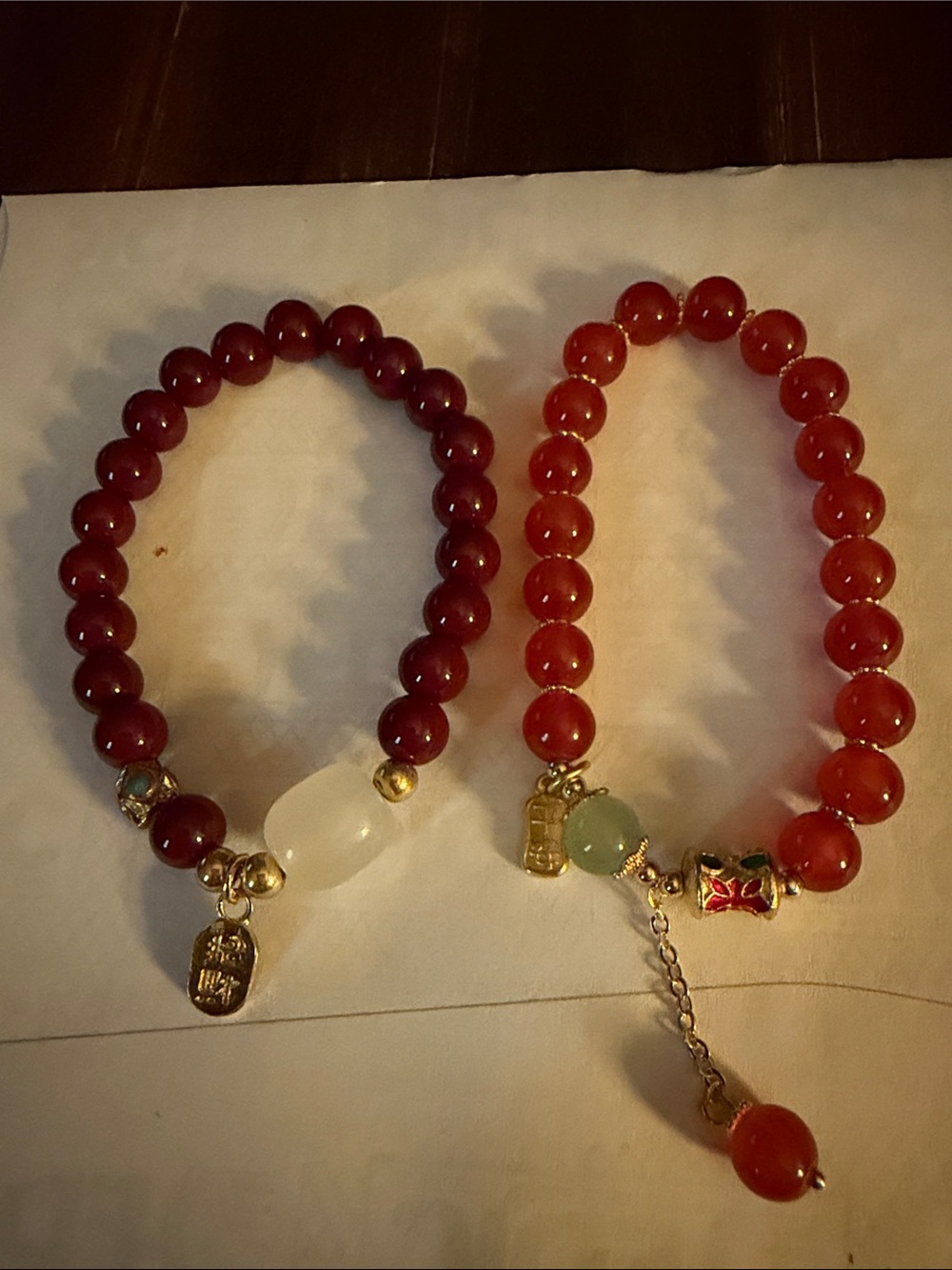 Oriental Red Beaded Stretch Bracelet with Gold Accents